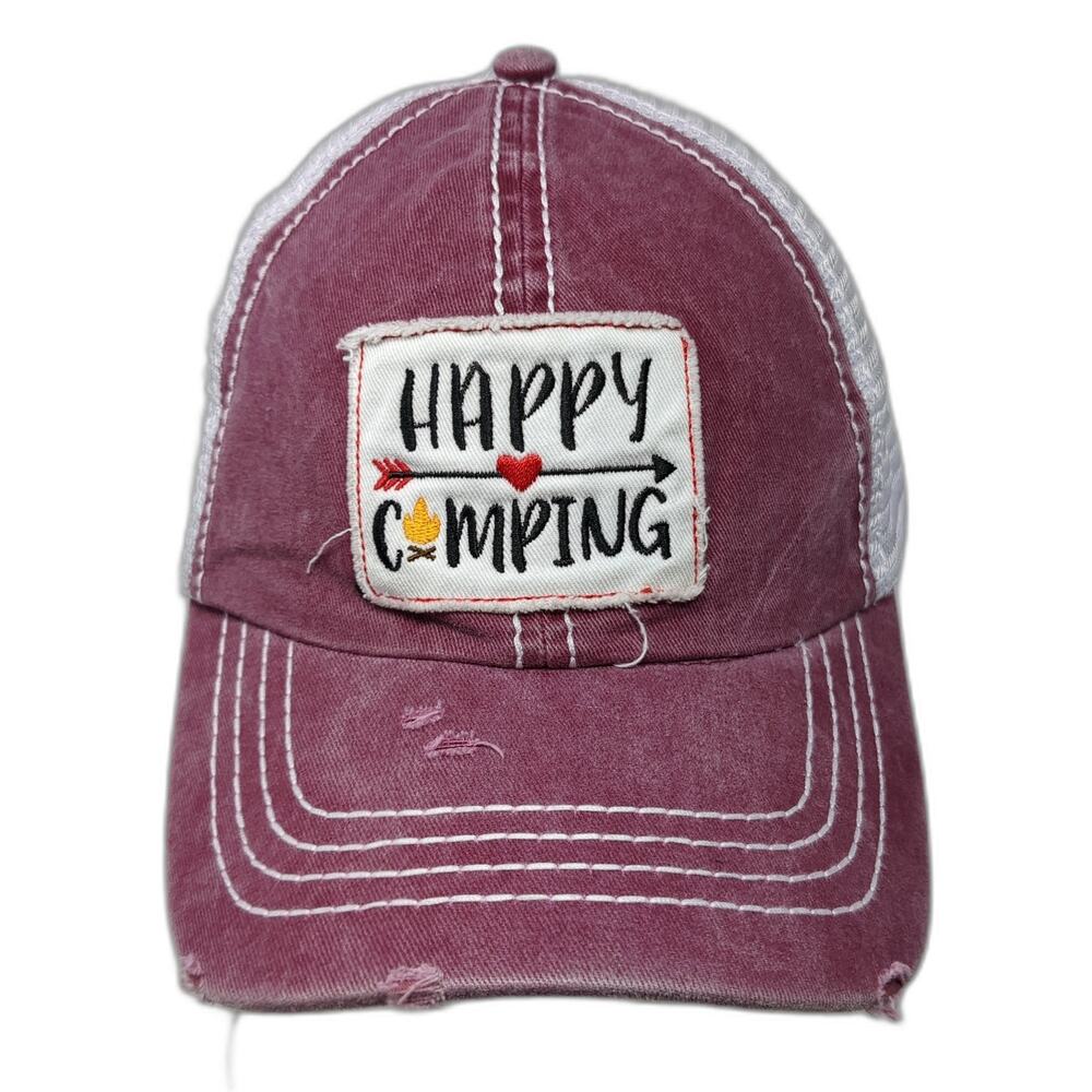 Happy Camping Snapback Trucker Hat Red One Size Distressed 6 Panel Funky Junque